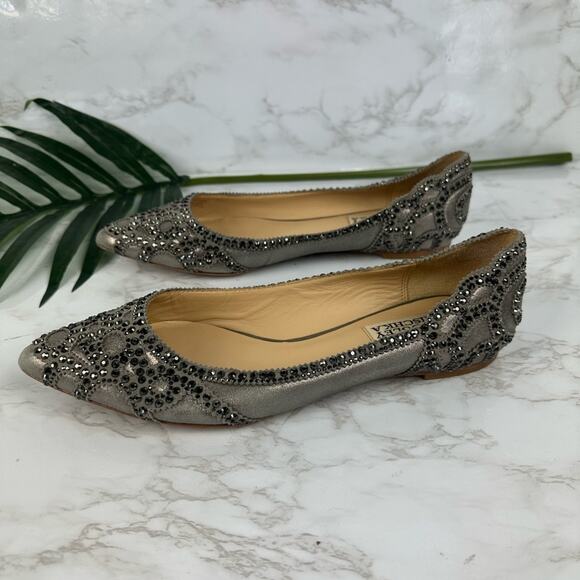 Badgley Mischka Gigi Pewter Crystal Pointed Toe Flat Shoes Size 7.5 - Picture 3 of 11